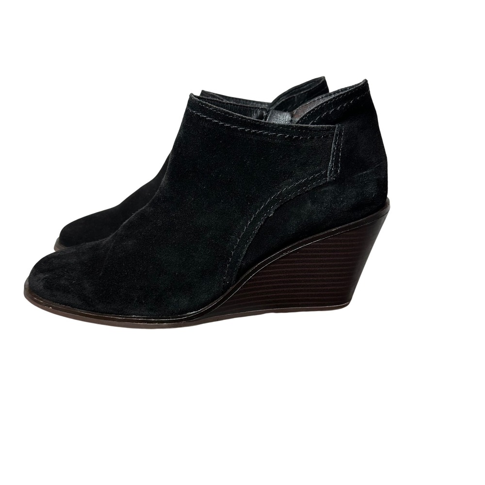 Lucky Brand Womens Black Suede Wedge‎ Ankle Boots Side Zip Almond Toe 8M - Picture 2 of 9